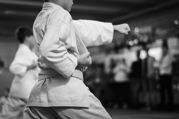 Kids training on karate-do.  Direct punch training. Sports training and a healthy lifestyle.  Black and white  Photo without faces.