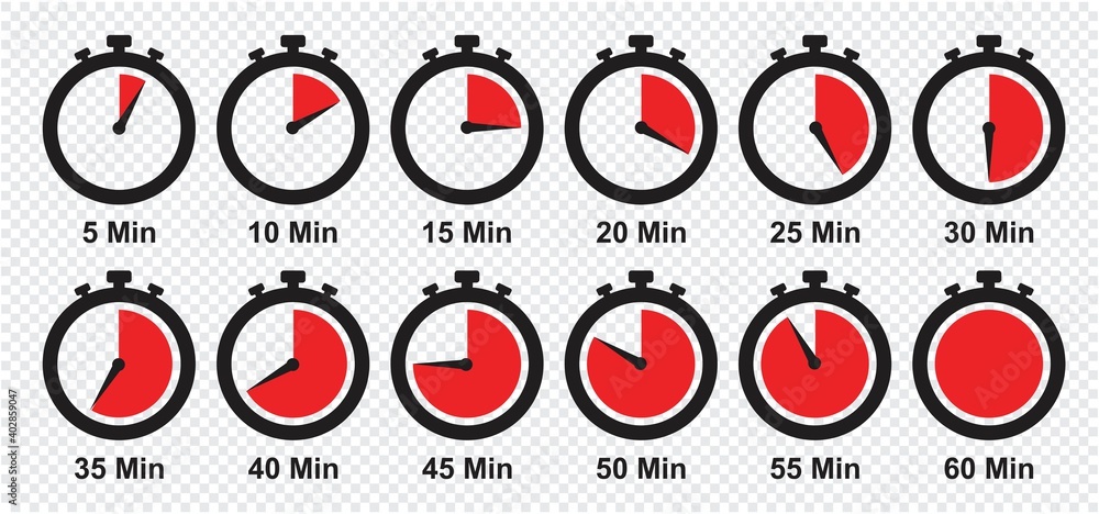 Wall mural timers icon set on transparent background. stopwatch symbol. countdown clock counter timer vector il