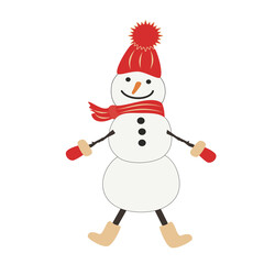 Cheerful snowman in a red cap with a pompon, scarf, mittens, felt boots. Hand-drawn vector, flat style. Funny winter character, snow sculpture. Design element for children illustrations, prints.