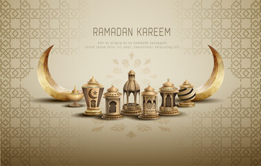 islamic greeetings card design ramadan kareem with beautiful crescent moon and golden lanterns - obrazy, fototapety, plakaty