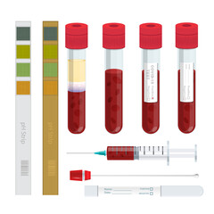 Set of tubes blood and syringe with blood strips test ph concept vector