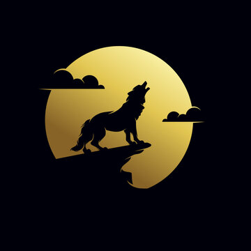 Silhouette of wolf howling at the full moon vector illustration