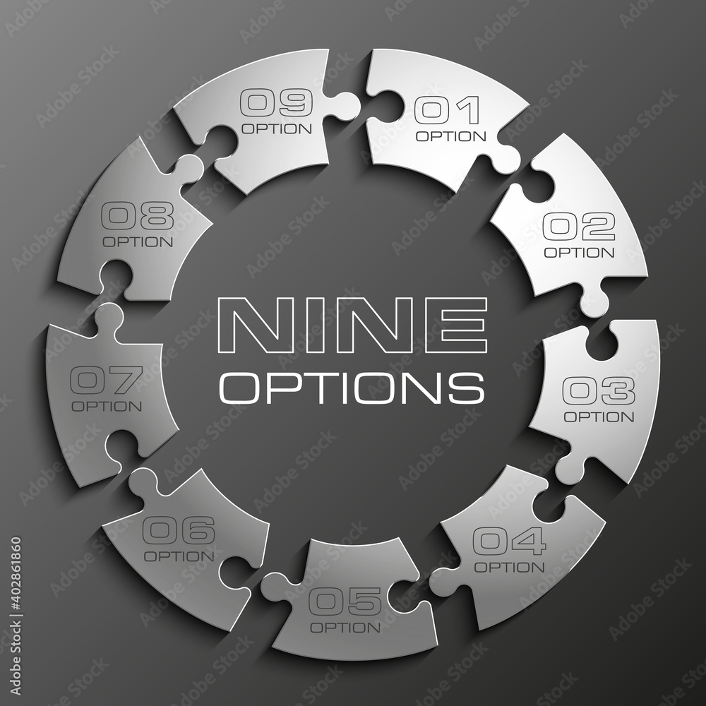 Fototapete Nine sided 3d puzzle presentation infographic template with explanatory text field for business statistics