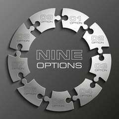 Nine sided 3d puzzle presentation infographic template with explanatory text field for business statistics