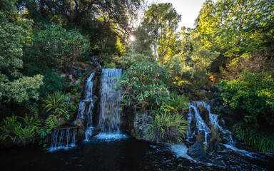 Naklejka na ściany i meble A garden with large waterfalls and pond. 