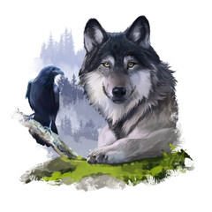 Grey wolf and black raven on the rocks © Kajenna