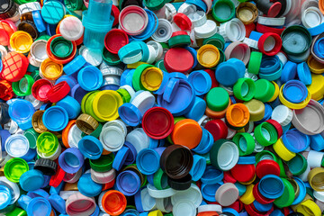 Many multicolored single use plastic bottle caps are collection for recycling. Recycling plastic, ecology, waste management, environmental issues concept. Background. Plastic waste collection
