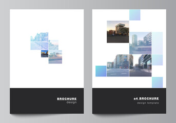 Vector layout of A4 format cover mockups templates for brochure, flyer layout, booklet, cover design, book design, brochure cover. Abstract design project in geometric style with blue squares.