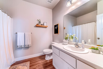 Fototapeta na wymiar Toilet beside vanity unit with sink mirror and white cabinets inside bathroom