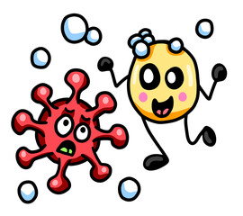 Fototapeta premium Stylized Cartoon Coronavirus Scared of Adorable Soap