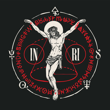 Hand-drawn crucifix of Jesus Christ with alchemical and Masonic symbols on a black background. Abstract vector banner in retro style on the religious theme with red cryptic signs written in a circle