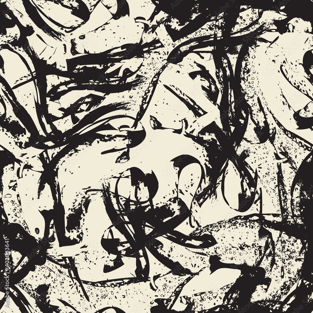 Poster abstract seamless pattern with black brushstrokes, spots and splashes on a light backdrop in a grung