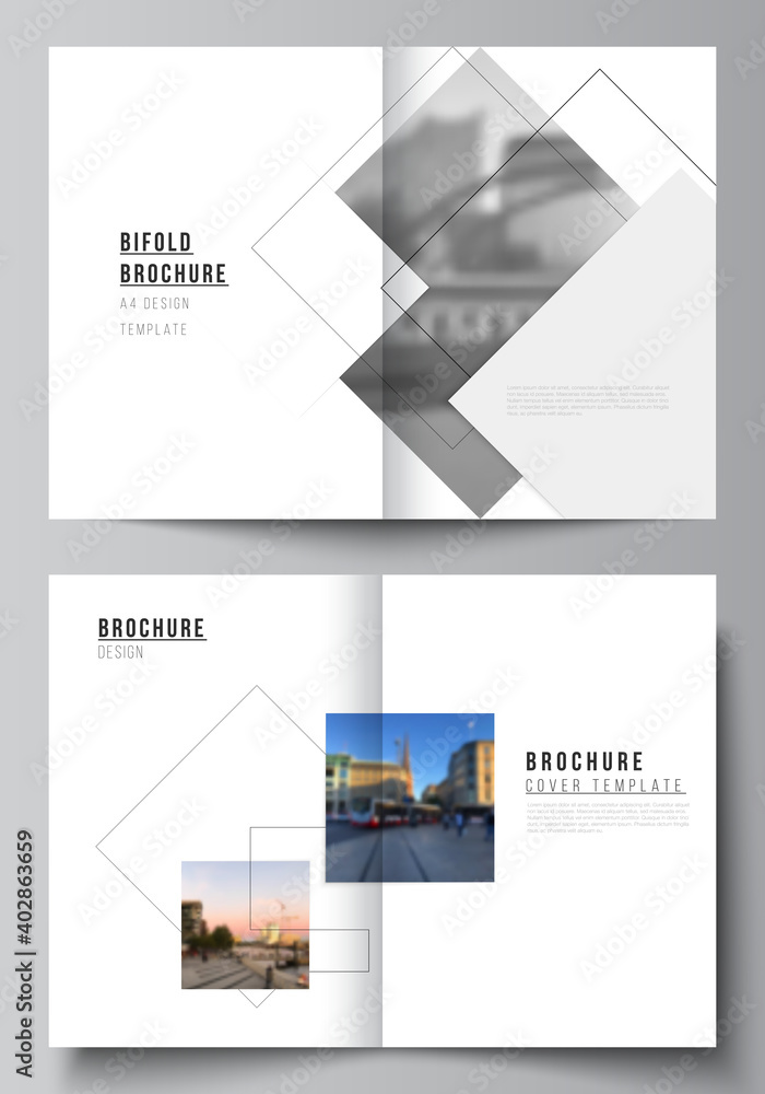 Poster vector layout of two a4 format cover mockups design templates with geometric simple shapes, lines an