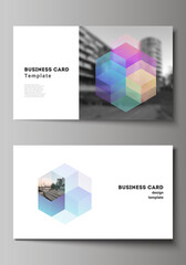 Vector layout of two creative business cards design templates, horizontal template vector design with abstract shapes and colors.
