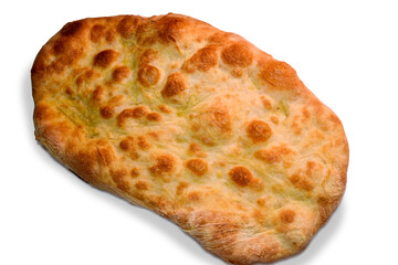 Schiacciata with extra virgin olive oil, typical Tuscan focaccia bread isolated on white background