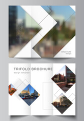 Vector layouts of covers design templates with geometric simple shapes, lines and photo place for trifold brochure, flyer layout, magazine, book design, brochure cover, advertising mockups.