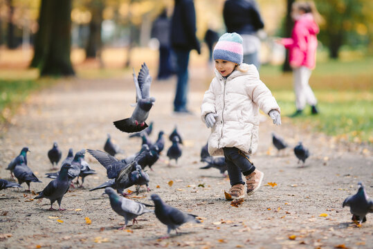 Young Blonde Girl Chasing Birds In The Park, Autumn