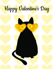 Black cat and yellow sunglasses with polka dots. Valentine's Day card. Pattern for fashionable prints on cups, textiles, clothes, notebooks. Vector illustration.