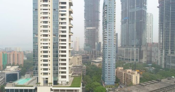 A drone shot of the Worli skyline with new buildings in construction.