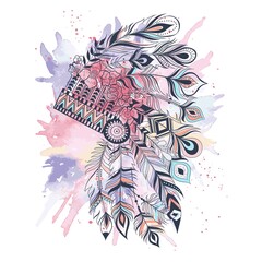 Boho illustration with headdress from feathers, tribal vector background. Ideal for T-shirt prints