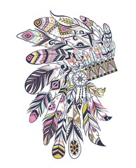 Naklejka premium Boho illustration with headdress from feathers, tribal vector background. Ideal for T-shirt prints