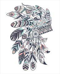 Boho illustration with headdress from feathers, tribal vector background. Ideal for T-shirt prints