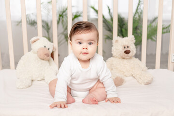 baby six months sitting in a crib in a white bodysuit with toys Teddy bears