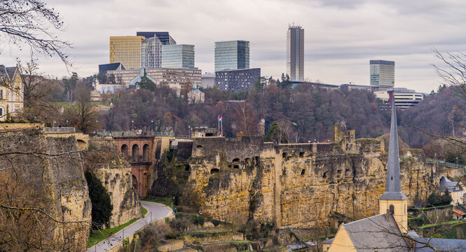 Panoramic view of Luxembourg-City, Luxembourg with Casemates modern highrises in Kirchberg business district in the background on a stormy day