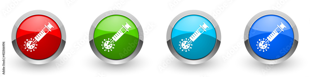 Poster coronavirus vaccine, injection silver metallic glossy icons, set of modern design buttons for web, i