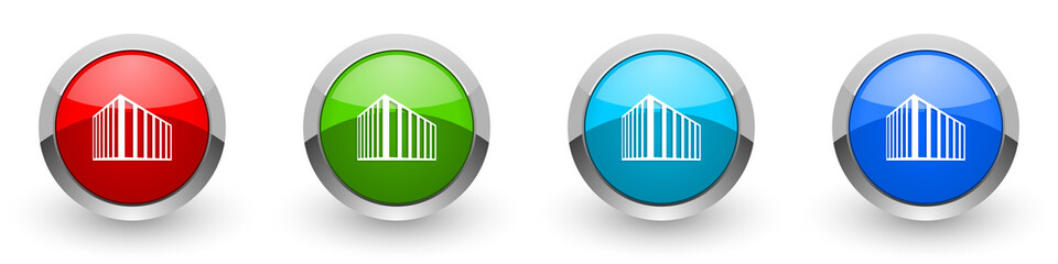 Modern design office building silver metallic glossy icons, set of modern design buttons for web, internet and mobile applications in four colors options isolated on white background