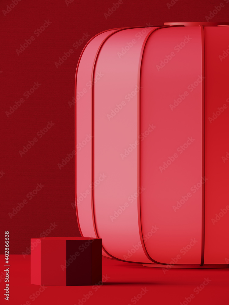 Poster minimal abstract product background for chinese new year concept. red lantern and podium on red back