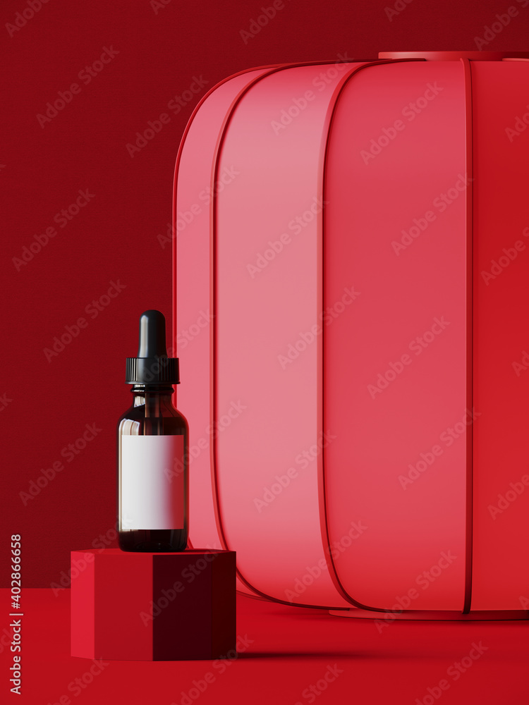 Poster minimal abstract product background for chinese new year concept. cosmetic bottle and red lantern on