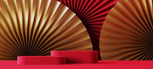 Minimal abstract product background for Chinese new year concept. Red podium on golden and red paper fan medallion background. 3d render illustration. Clipping path of each element included.