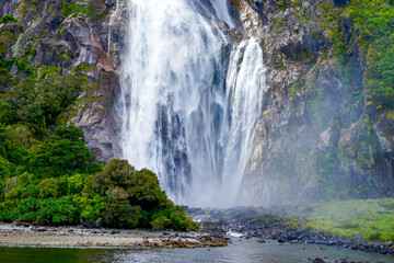 New Zealand, South Island, amazing waterfall in the Milfort Sound.