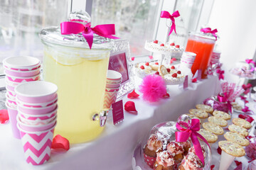 Fototapeta na wymiar Pink candy bar at the polish wedding party