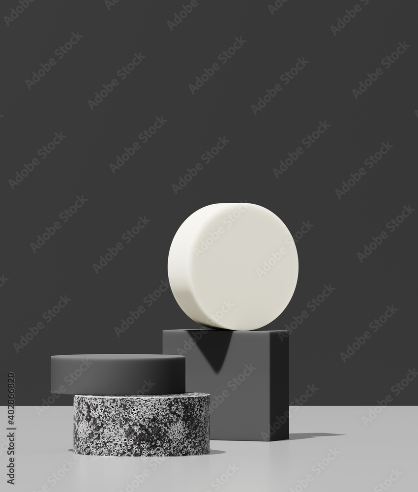 Poster minimal abstract mockup background for product presentation. white, dark grey and stone step podium 