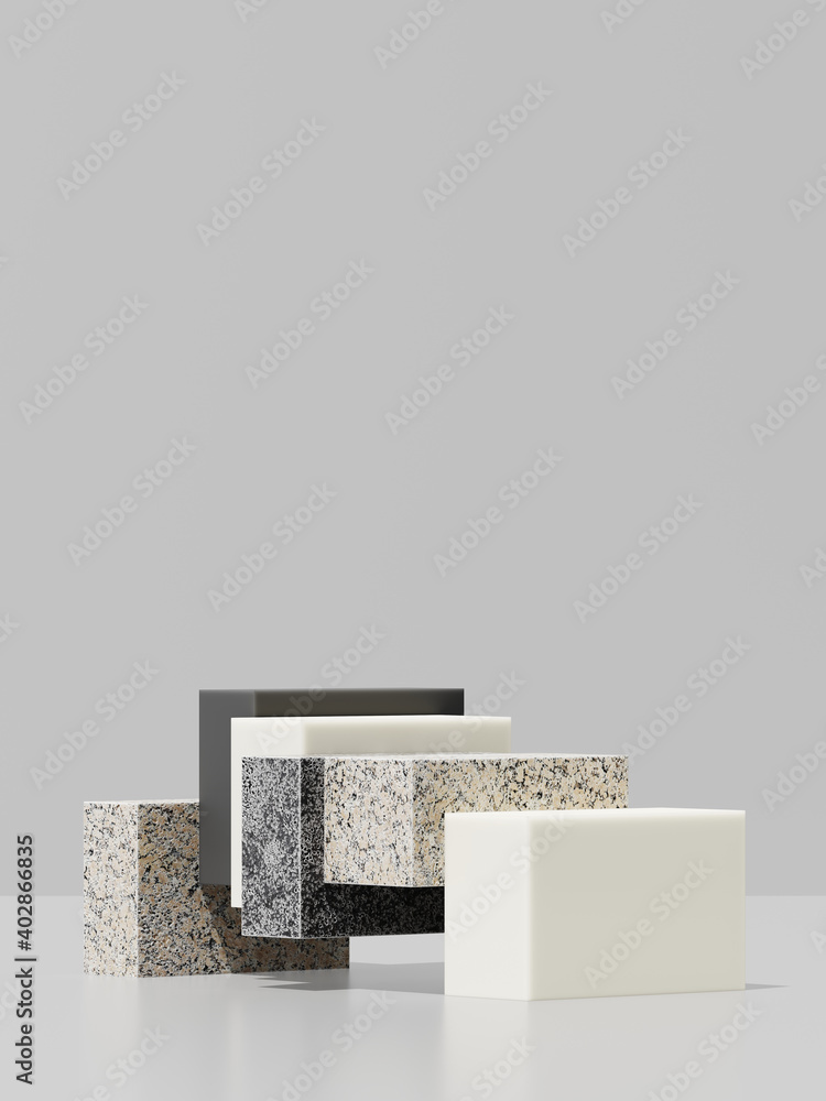 Poster minimal abstract mockup background for product presentation. white, dark grey and stone step podium 