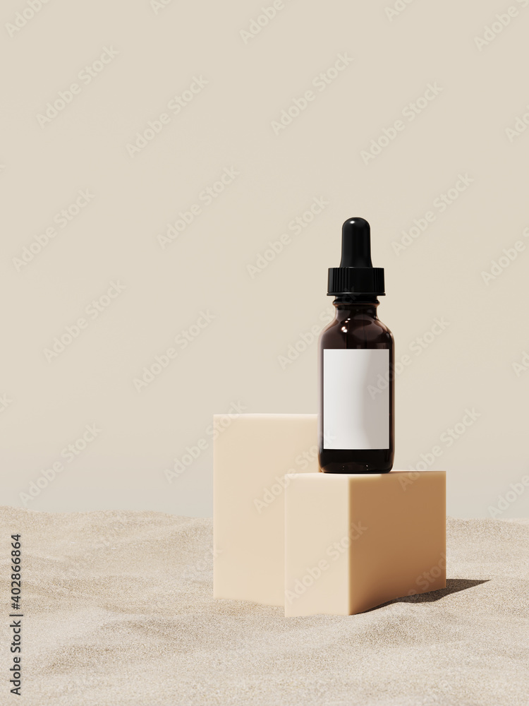 Poster minimal abstract mockup background for product presentation. facial skin serum bottle with beige ste