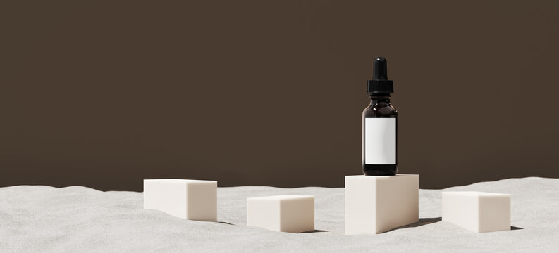 Minimal abstract mockup background for product presentation. Facial skin serum bottle with beige step podium on white sand beach. 3d rendering illustration. Clipping path of each element included.
