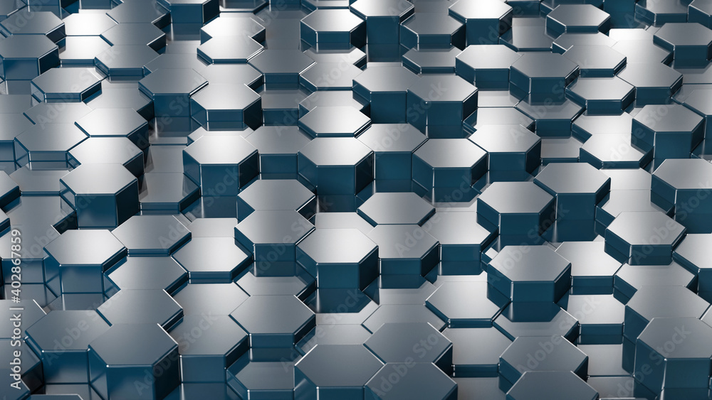 Poster abstract hexagonal background. 3d render of dark shiny hexagons