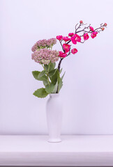 succulents and artificial apple tree branch in a white vase