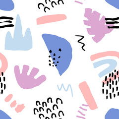 Abstract seamless pattern in trendy style with botanical and geometric elements, textures. Trendy pastel colors. Vector illustration.