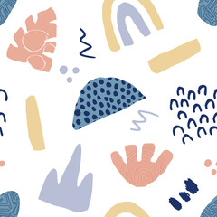 Abstract seamless pattern in trendy style with botanical and geometric elements, textures. Trendy pastel colors. Vector illustration.