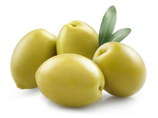 Delicious green olives, isolated on white background