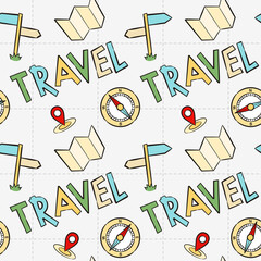 Seamless travel pattern of Hand-drawn elements. Vector illustration on the theme of travel, navigation, journey.