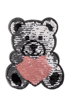 Silver Teddy Bear With Pink Heart Sequin Patch Isolated On White Background