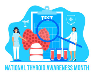 Obraz premium Thyroid Awareness Month is celebrated in January in USA. Hypothyroidism concept vector. Endocrinologists diagnose and treat human thyroid gland.