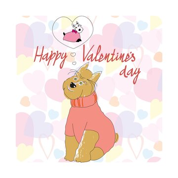 Vector illustration on the theme of Valentine's Day. The 14th of February. Postcard with the image of dogs