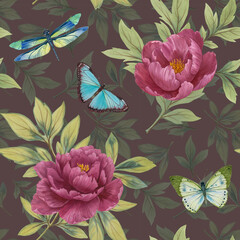 Seamless botanical pattern with peonies and butterflies. Watercolor peonies for wallpaper design, print, wrapping paper, textiles. Ready-made pattern, flowers and butterflies.
