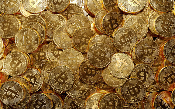 Heap of Golden Bitcoin. 3D rendering illustration.